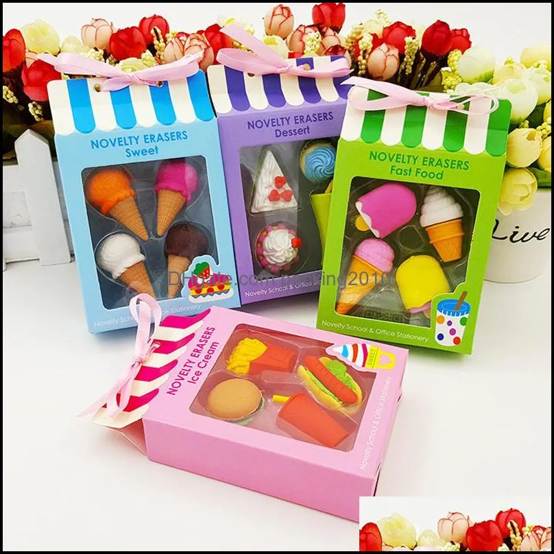 Creative Cute ice Cream Cake Eraser Drink Coke Eraser Set Stationery School Office Erase Supplies Kids Gifts