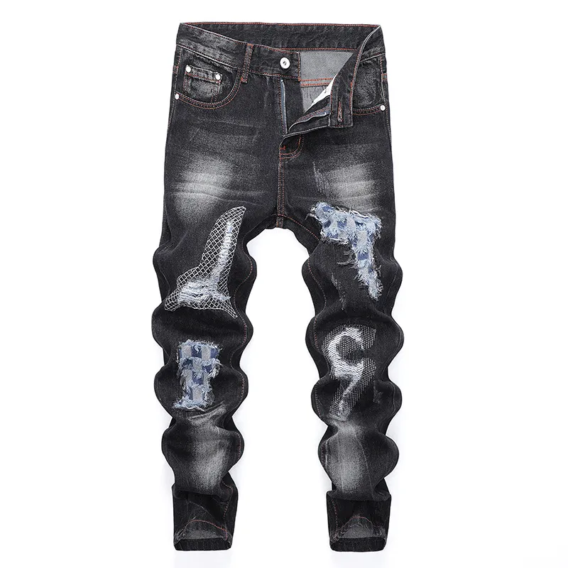 Embroidery Men's Slim Fit Stretch Jeans Autumn and Winter New Washed Frayed Embroidered Tiger Alphabet Jeans Designer Trousers