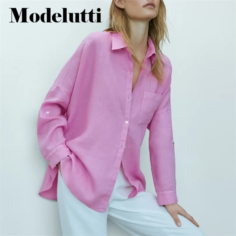 Modelutti Spring Fashion manica lunga maniche piegate camicia di lino donna casual camicette tinta unita top semplici donna 220707