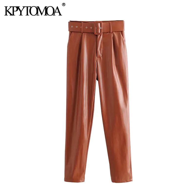 Vintage Chic PU Faux Leather With Belt High Waist Pants Women Fashion Zipper Fly Side Pockets Female Trousers Pantalones 210416