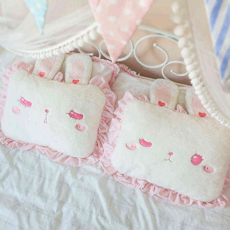 Super Soft Bunny Ear Cartoon Square Pillow Filled Sleeping Eyes Bed Ornamental Lolita Style Girl Bedroom Head Decor J220704