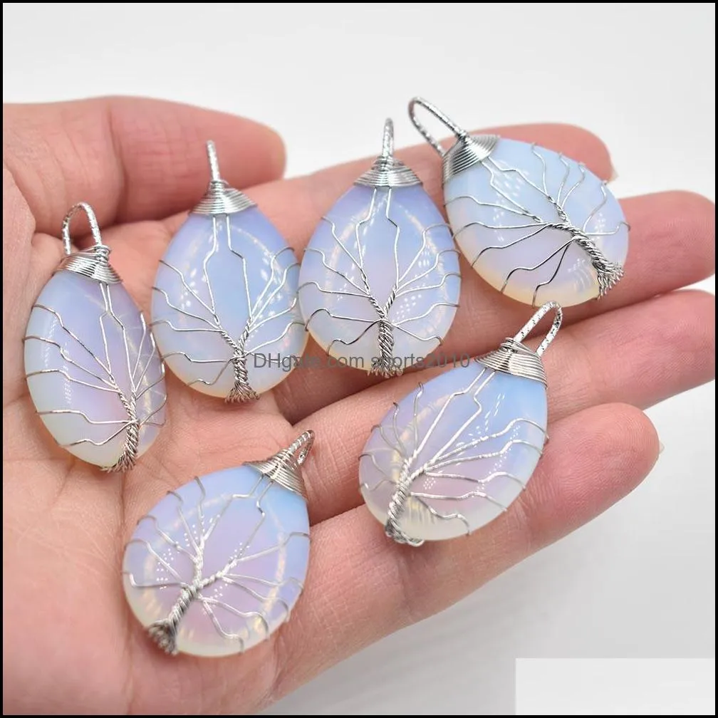 natural stone healing crystal tree of life charms pendants rose quartz wire wrapped trendy jewelry making sports2010