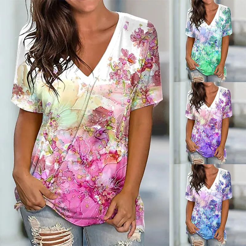 Kvinnors t-shirt 2022 Summer Short Sleeve Casual Women T-shirts Flower Print Tops 3d Street mode tee kvinnlig v-ringning Löst stor storlek