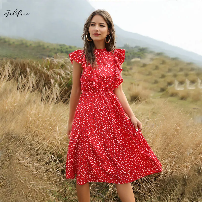 Butterfly Sleeve Dot Print Ruffle Summer Dress Y2K Lady Fashion A line Red Chiffon Dresses Fitted Clothes Elegant Vestido 220331