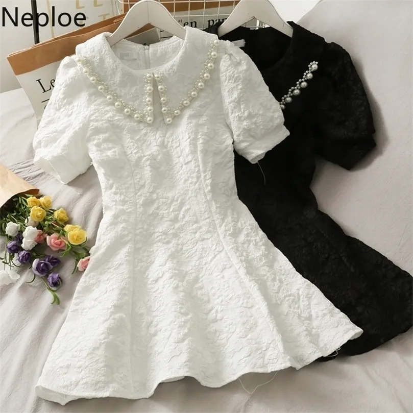 Neploe Mini Dress Women Elegant Puff Sleeve White Robe Summer Fashion Party Black Vestidos Mujer Korean High midje Pearl Dresses 220705