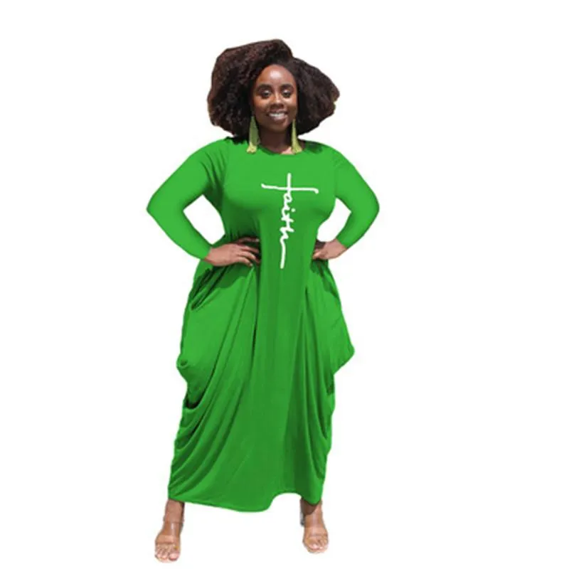 Grande taille robes femmes à manches longues couleur unie Maxi robe décontracté ample imprimé poches irrégulières 4XL 5XL automne dame Vestidos