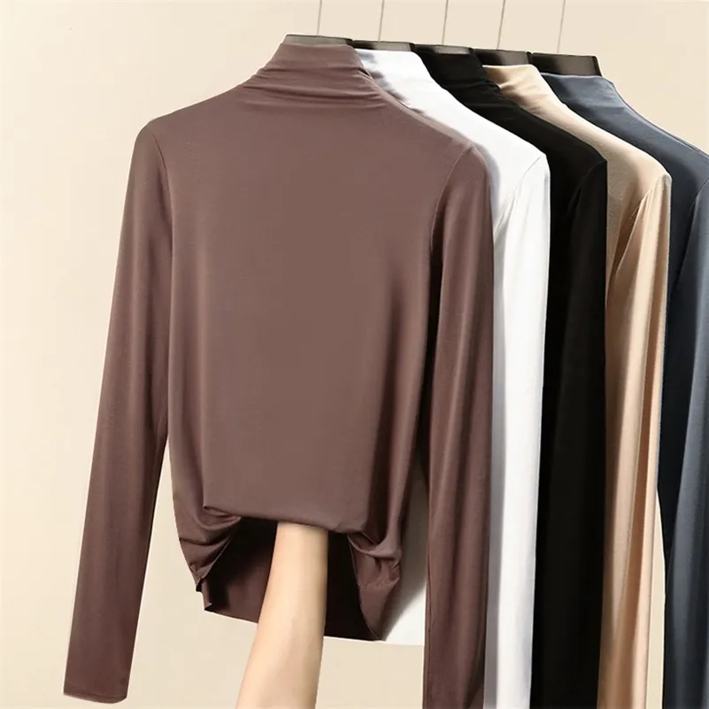 Höst Koreansk bomull T-shirt Kvinnor Turtleneck Vintage Långärmad Office Lady Tshirts Brown Slim Shirt Mujer Camisetas 220321