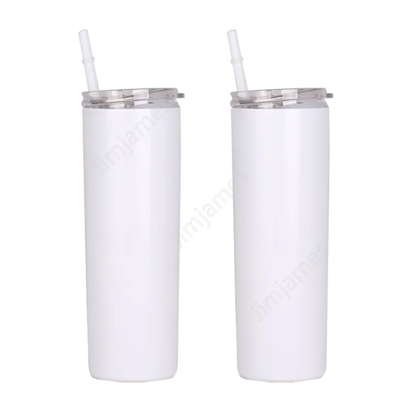 20oz Sublimation Skinny Tumblers Blancs droits Tasses à café en acier inoxydable avec couvercle et paille en plastique Gobelets Sippy Sea Shipping 500lots DAJ471