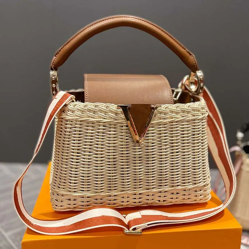 Halm Strandhandväska Crossbody-väska Kvinnor Grönsakskorg Läderhandtag Modebrev Guld Hårdvara Sommar Sunshine Tygväskor