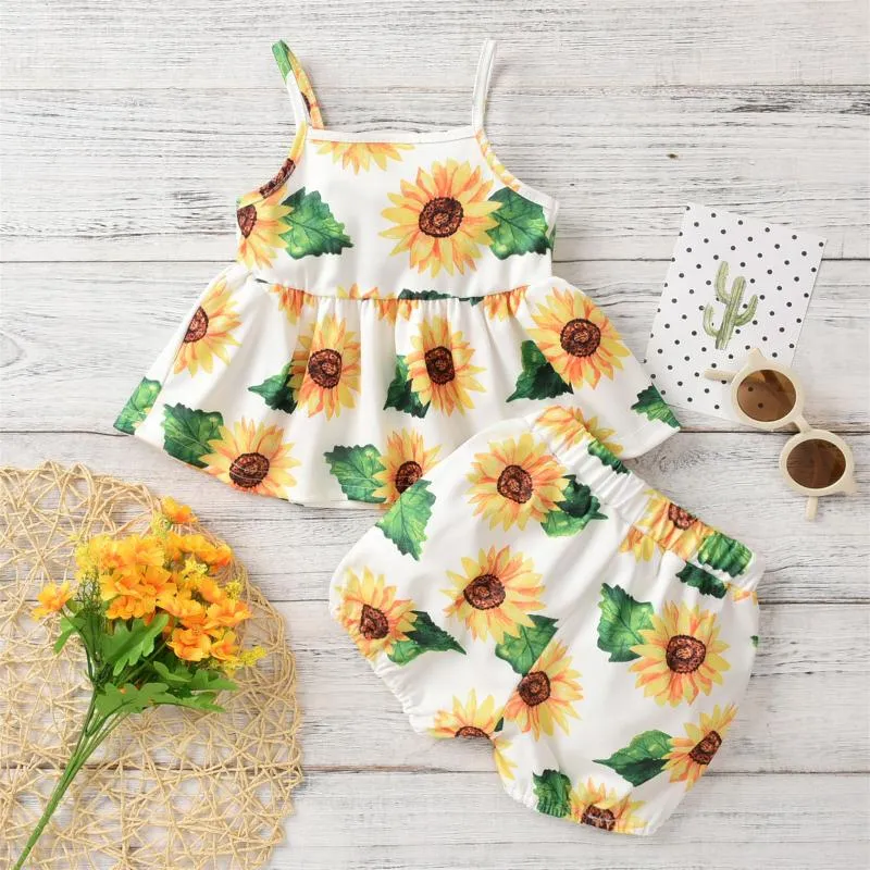 Kledingsets Girl Kids Infant Girls Beach Zonnebloem Gedrukte Suspenders Top mouwloze shortsbroek Twee stukken Outfits Set 0-18m