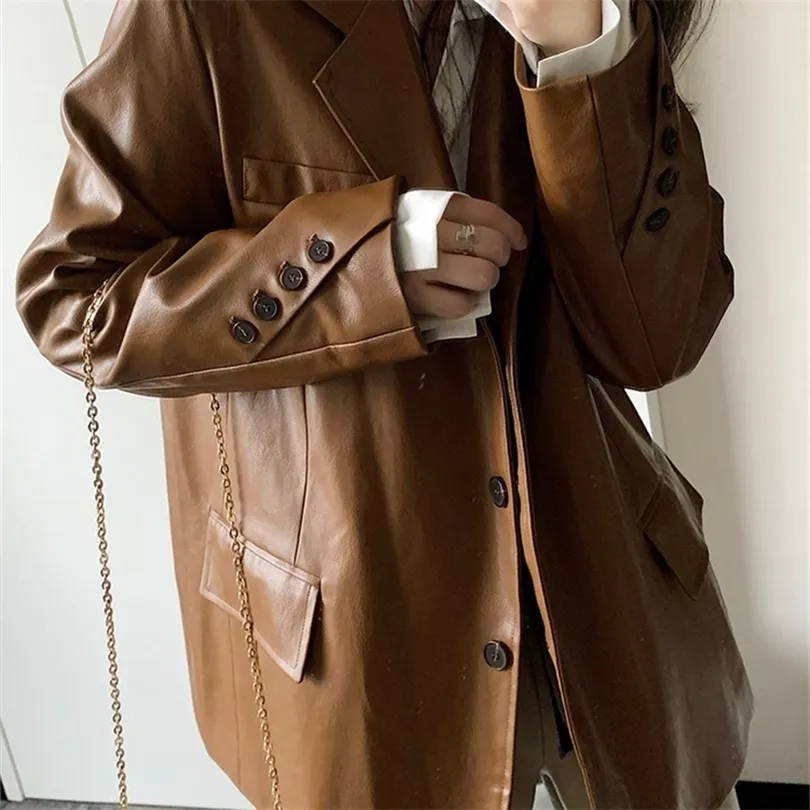 Ftlzz primavera outono feminino lapela falsa jaqueta de couro da senhora Office PU Coat de couro de solteiro solto de cor sólida fora de roupa feminina chique 220815