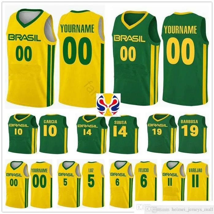 SJZL98 2019 Wereldbeker Team Brasil Basketbal Jerseys 9 Marcelinho Huertas 14 Marquinhos Sousa Cristiano Felicio Vitor Benite Anderson Varejao Shirt