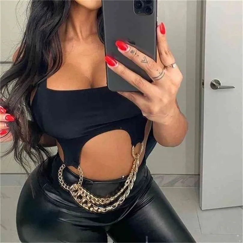 Summer Solid Color Crop Top Women Sexy Sling Sleeveless Bodycon Chain Backless Tank Tops Casual Cool Streetwear Short Tee 210401