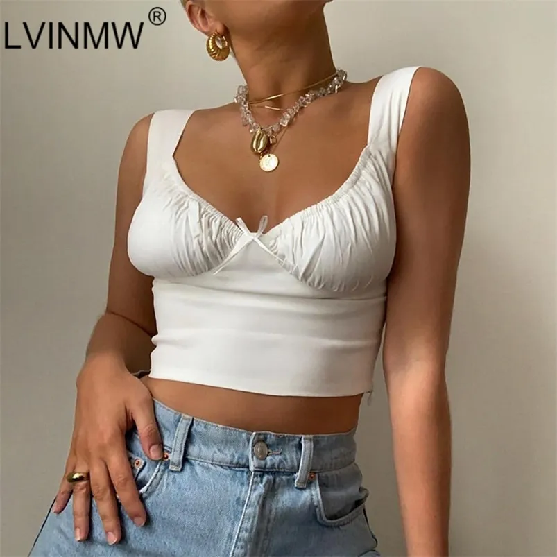 LVINMW Sexy White Spaghetti Straps Low Cut Bow Ruches Crop Top Summer Women Sleeveless Camisole Top Female Skinny Bralette LJ200820