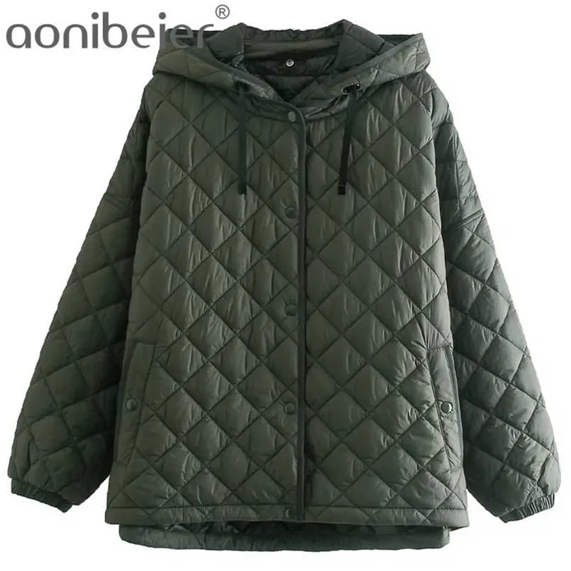 Aonibeier Za Woman Casual Traf Parkas Autumn Zima cienki styl Argyle Quested Kurtka Oversited Hooded Lose Coats 211215