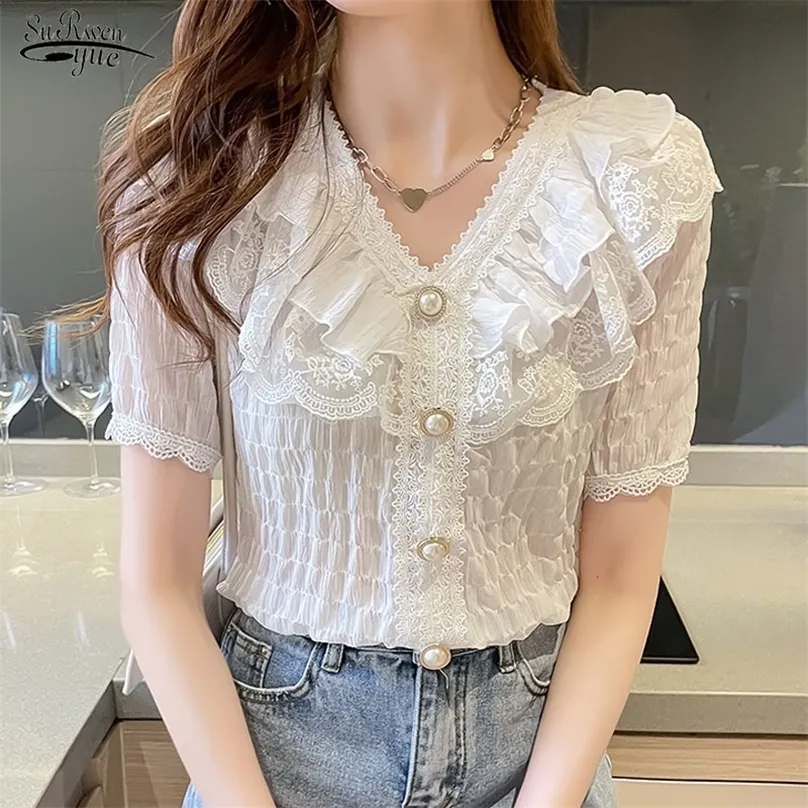 Blusa coreana elegante con volantes Camisa de mujer Blusa de encaje de gasa blanca Dulce cuello en V Estilo vintage francés Tops de manga corta 15273 220521