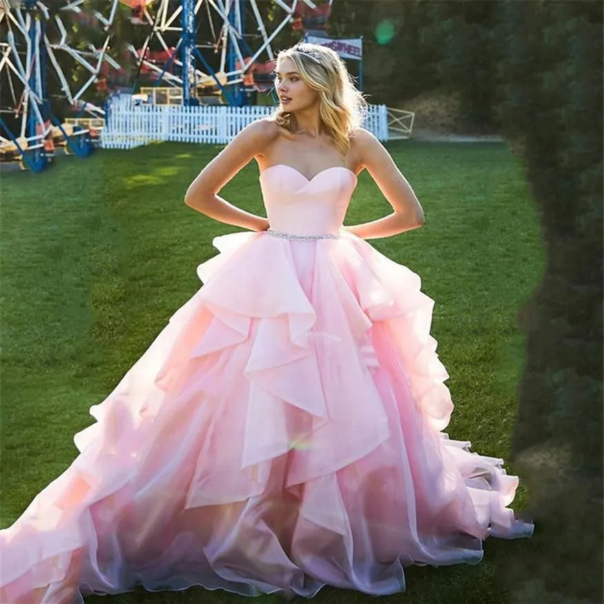 Country Wedding Pink Dresse Bridal Gown Ruffles Beaded Waist Plus Size Custom Made Vestidos