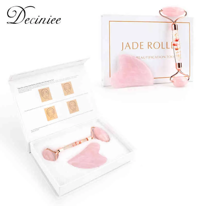 Natual Flower Jade Roller Gua Sha Set Crystal Gemstone Stone Face Massager for Eye Puffiness Facial Spa220429