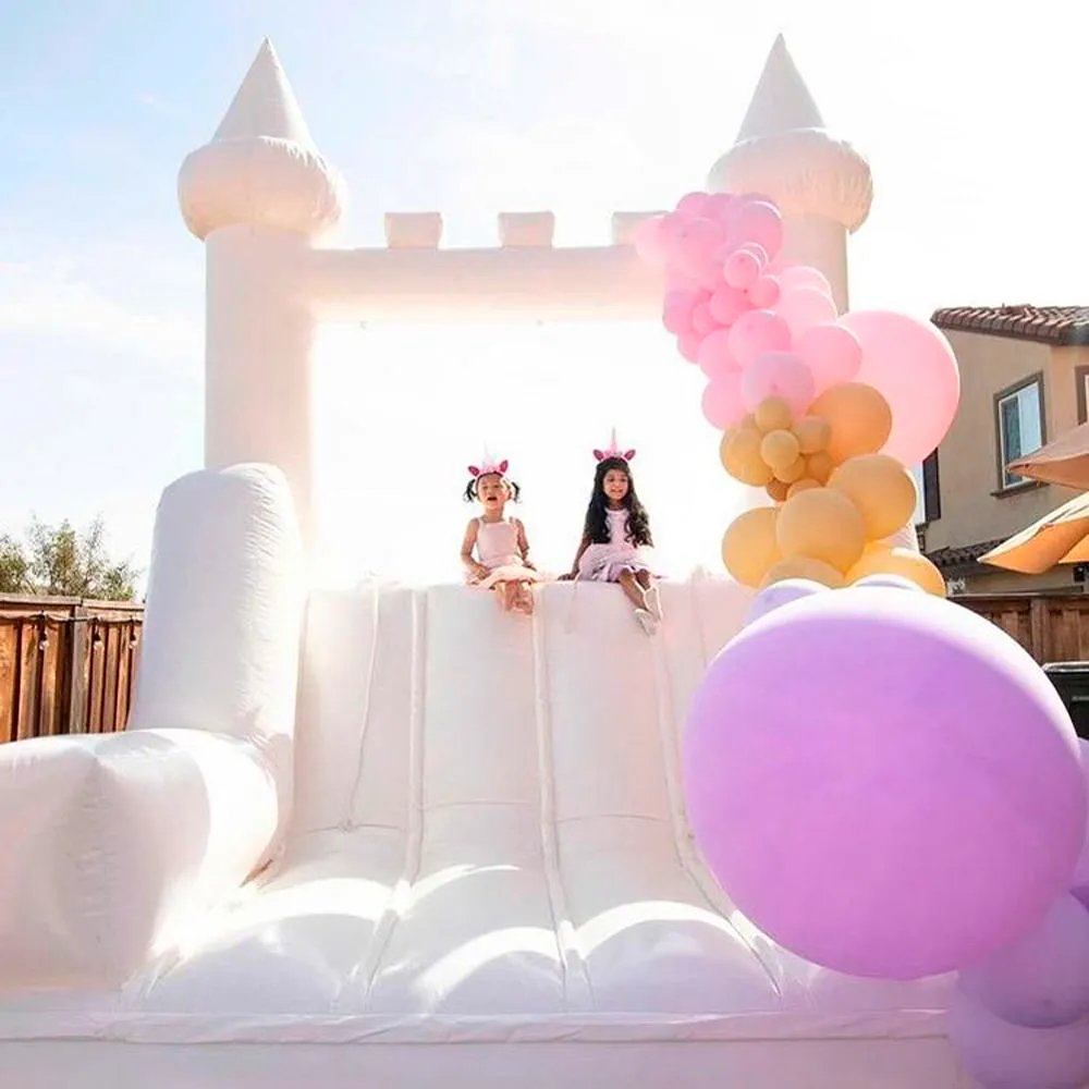 Modern Luxury White Inflatable Bouncy Castle Slide With Climb Wall Moon Bounce House Blow Up Jump Bouncer For Wedding