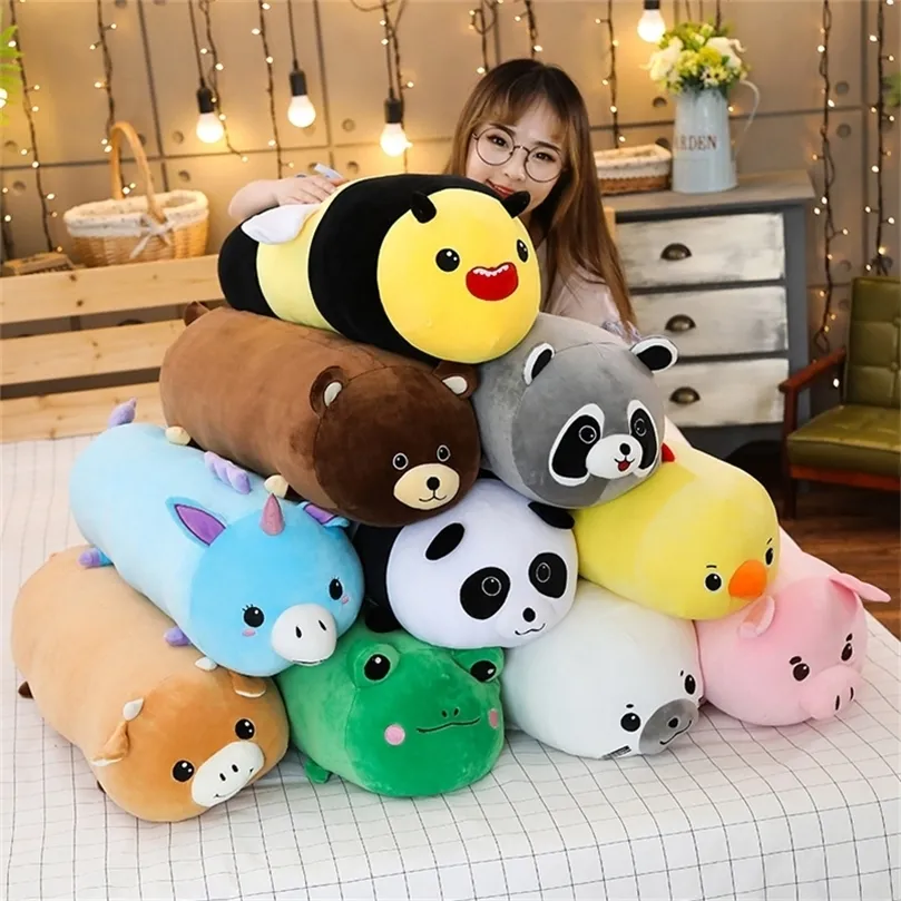 Cylindrical Animals Toys Long Cartoon Stuffed Plush Legs Pillow Panda Bear Frog Bee Pig Raccoon Sleeping Bolster Kids Adults 220425