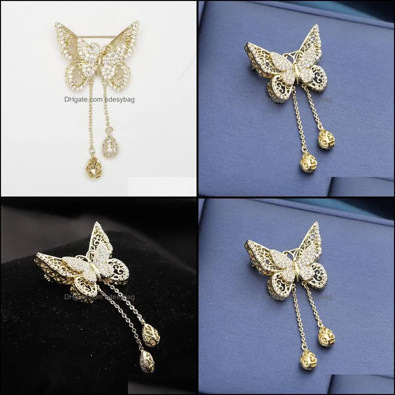 elegant butterfly female cute creative inlaid zircon hollow tassel lapel lady brooch pin
