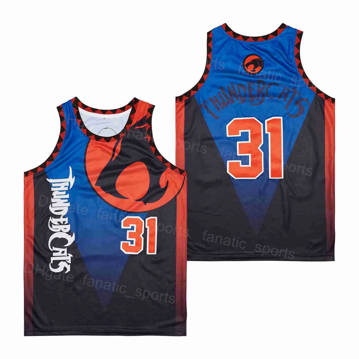 남자 영화 농구 유니폼 31 Thundercats 유니폼 힙합 팀 컬러 스포츠 팬을위한 파란 통기 가능 순수한 면화 자수 및 봉제 우수한 품질