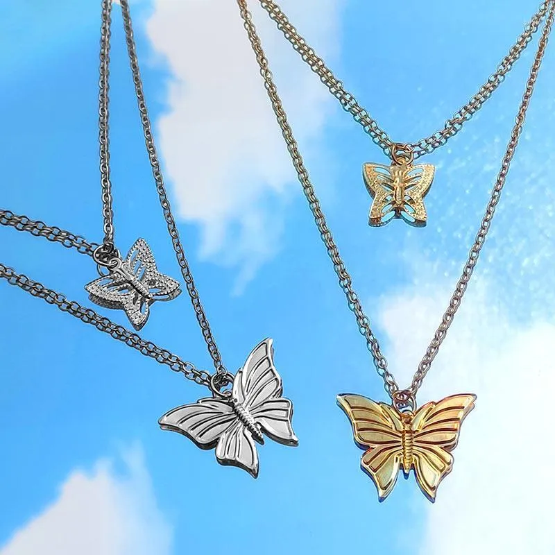 Bylia Jewel Fashion Multilayer Hollow Butterfly Pendant Necklace Gold Silver Color Fine Long Chain For Women Jewelry Chains