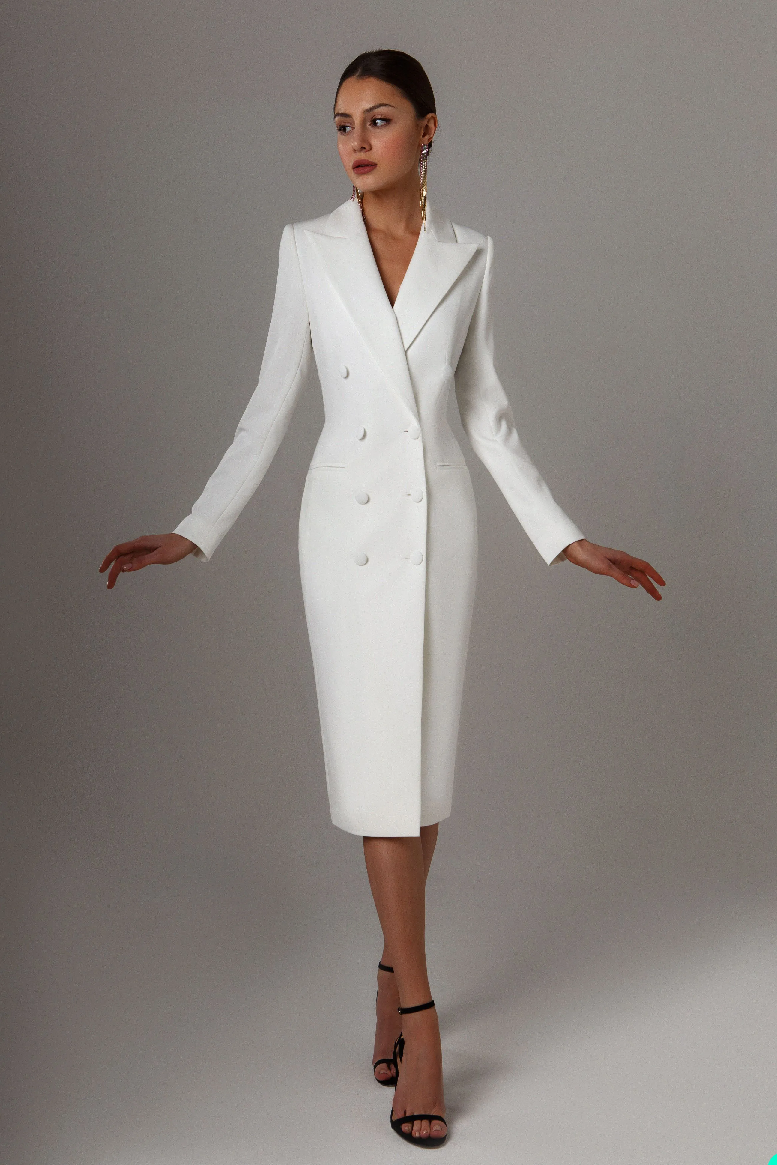 Sonbahar Beyaz Çifte Göğüslü Kadın Kıyafet Uzun Ceket Takımları Bayanlar Prom Akşam Konuk Giyim Özel Yapımı