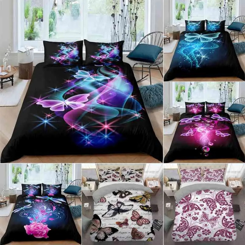 Butterfly Duvet Cover Zestaw 3D Print Purple Insect Dreamy Light King Królowa Królca rozmiar dla dzieci dla chłopców dziewczyna mężczyźni pościel