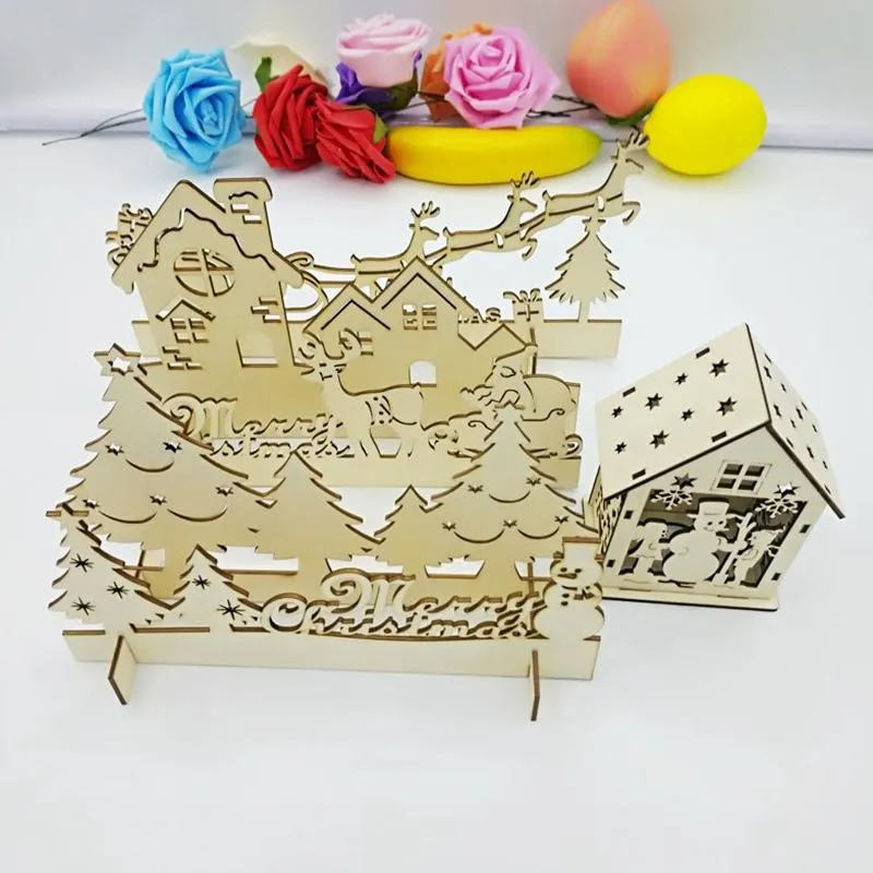 Party Decoration Est Natural Wooden DIY Christmas Tree Tabletop Gifts Three Dimensional Forest, Deer, House DTY 3pcs