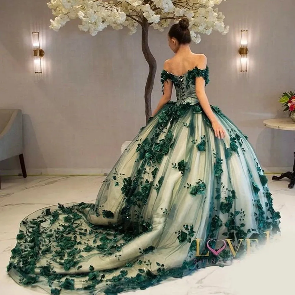 sachin and babi light blue dress Emerald Green 3D Flowers Ball Gown Quinceanera... From Sunnybridal01,  $188.79