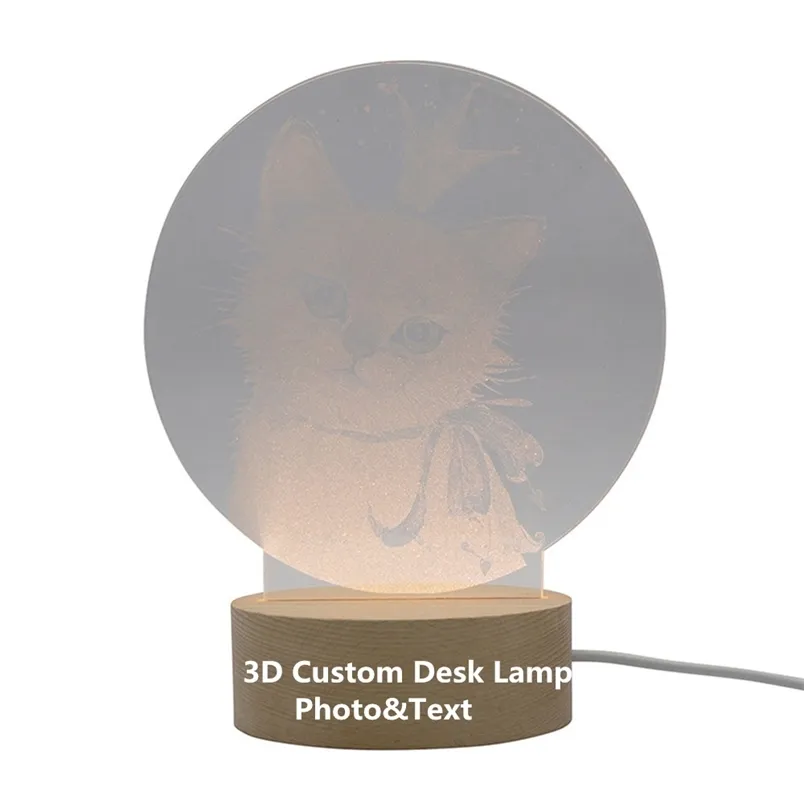 USB Power 3D Print Customized PoText Night Light Wooden Base Desk Lamp Holiday Birthday Kids Gift 220623