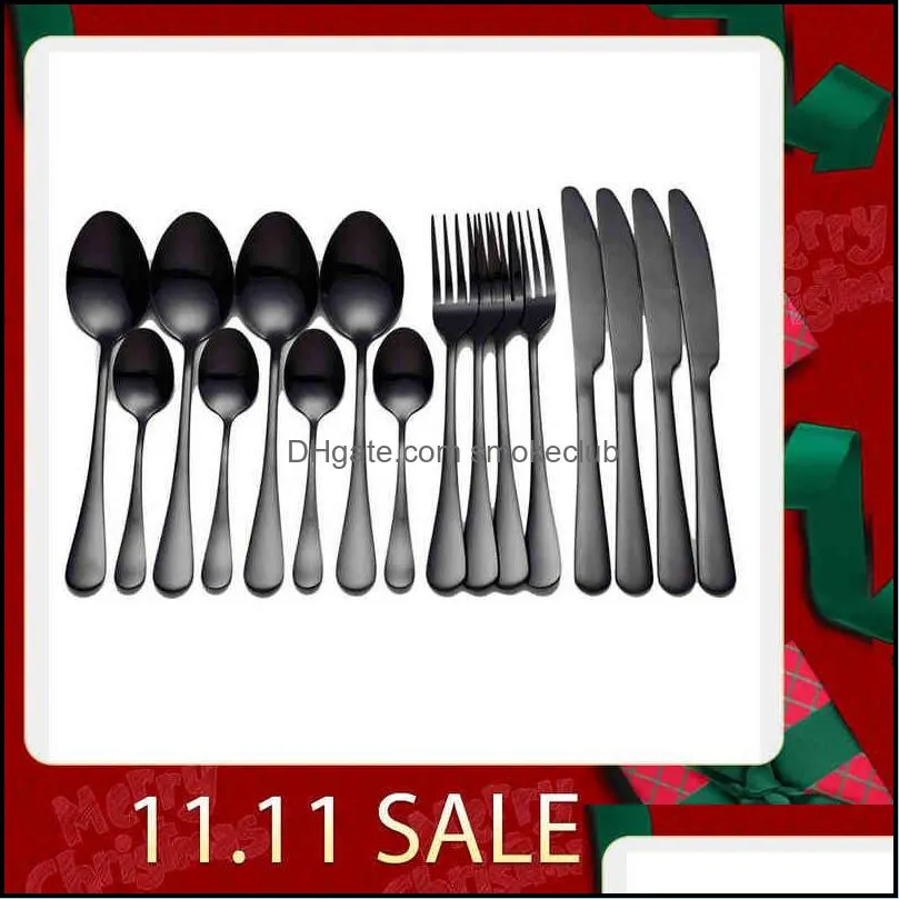 Tableware Black Stainless Steel Cutlery Set Forks Knives Spoons Kitchen Dinner Fork Spoon Knife Gold Dinnerware 16 Pcs 0221