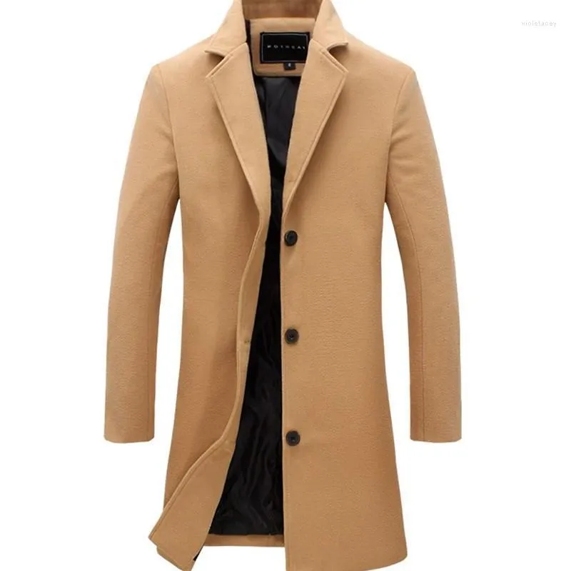 Trench da uomo Cappotto invernale da uomo Moda Giacca lunga solida Uomo Vintage monopetto Business Cappotto da uomo Taglie forti Misto lana Viol2