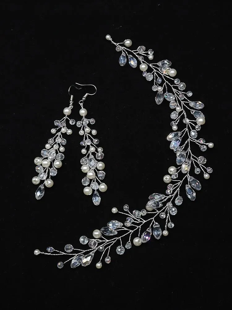 Headpieces Trendy Wedding Women Headdress Earrings Set Crystal Pearls Headband Silver Hair Vine Banquet Prom Bridal AccessoriesHeadpieces