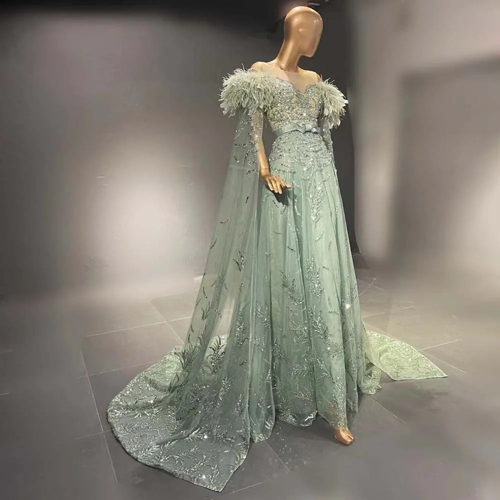 Green Glitter Lace Sequin A-line evening wear dresses...