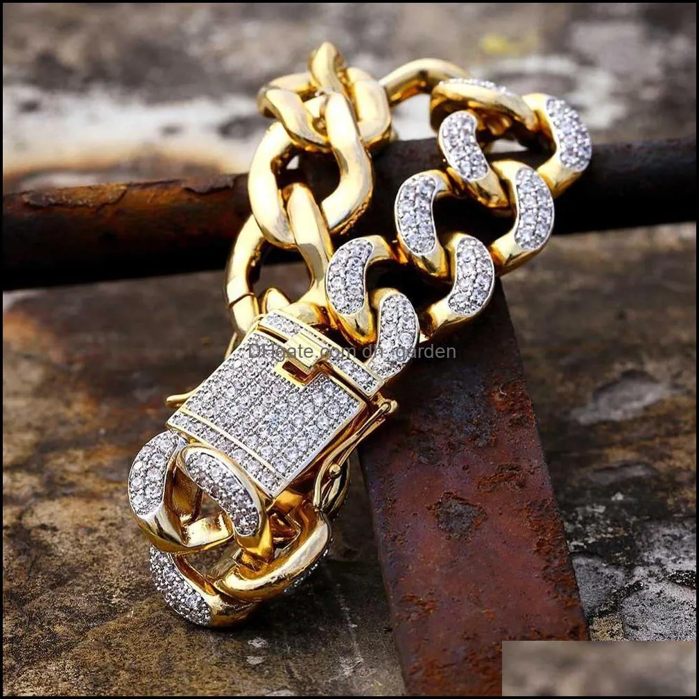 18mm Hip Hop CZ Zircon Paved Ice Out Bling Gold Color Round Cuban  Curb Link Chain Bracelets for Men Rapper Jewelry