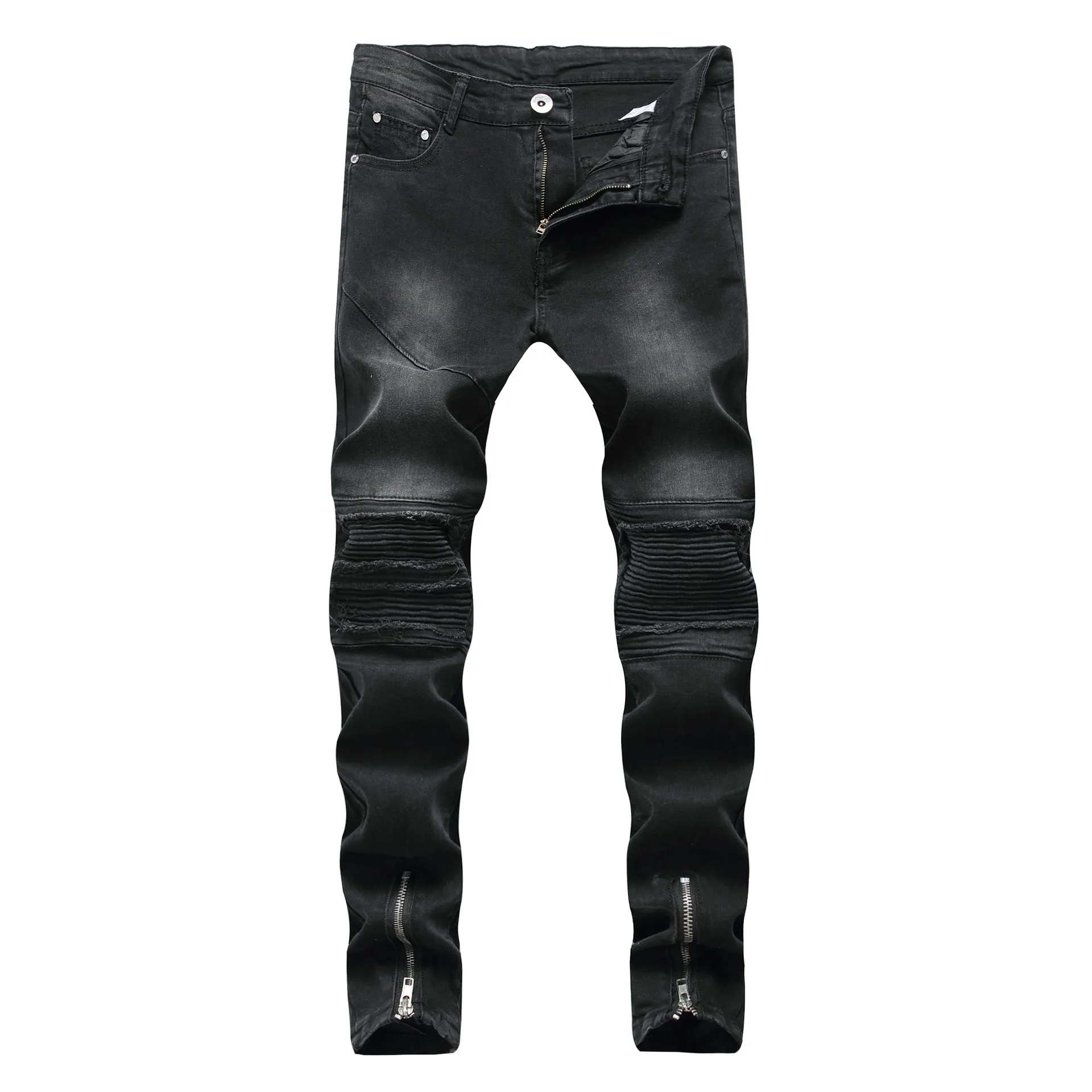 Männer Jeans Zerrissene Drapierte Biker Knie Plissee Knöchel Reißverschluss Marke Slim Fit Cut Zerstört Skinny Jean Casual Mode Hosen für Homme