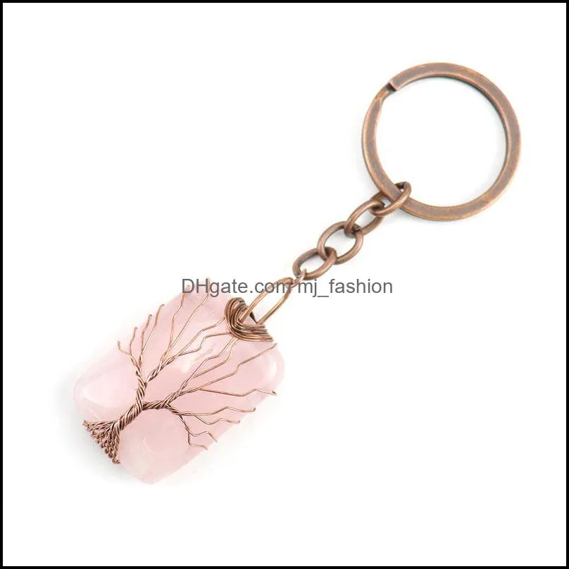 retro handmade tree of life key rings rectangle natural stone healing crystal quartz keychain keys chain key rin mjfashion