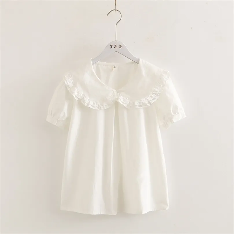 dulce lolita camisa mori niñas verano estilo japonés fresco peter pan collar manga corta blanco sólido algodón blusa tops 210308