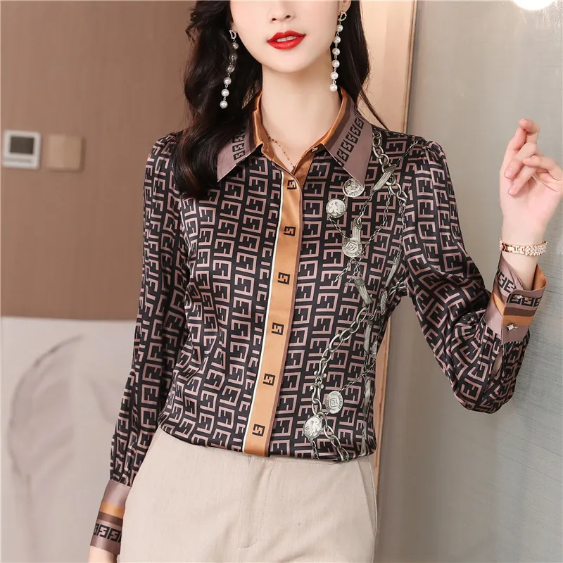 2023 Fashion Silk Print Brown Shirt Kvinnor Långärmad lapel -knapp Designer BLOUSES SPRING HASTUMN Office Ladies Shirts Runway Woman Clothes Blus Elegant Tops