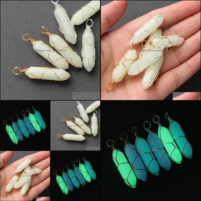 hexagonal cylindrical crystal stone charms glow in the dark luminous wire wrap stones pendant for necklaces jewelry making women men