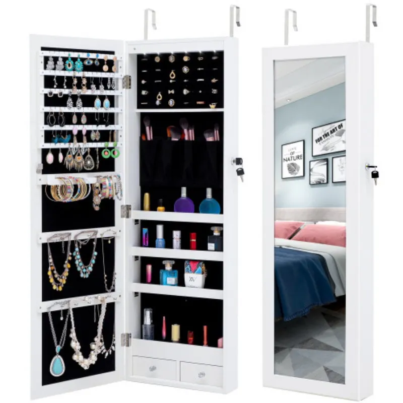 US Stock, Fashion Simple Jewelry Storage Mirror Cabinet med LED -lampor kan hängas på dörren eller väggen W40718042