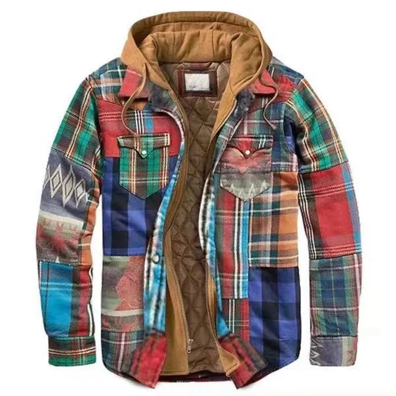 Men's Jackets Winter Jacket Men Autumn Thick Cotton Plaid Long-sleeved Loose Hooded European American Size Windbreaker 5XLMen's