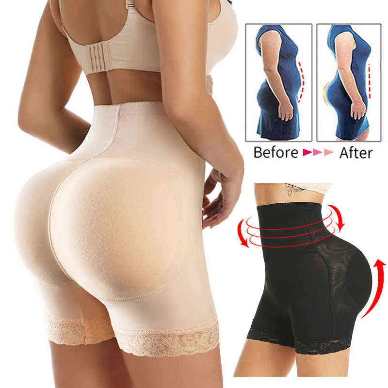 Midja tränare för kvinnor Hög midja Tummy Control Panty Lace Butt Lifting Padded Hip Enhancer Shapewear Slim Body Shaper Shorts Y220411