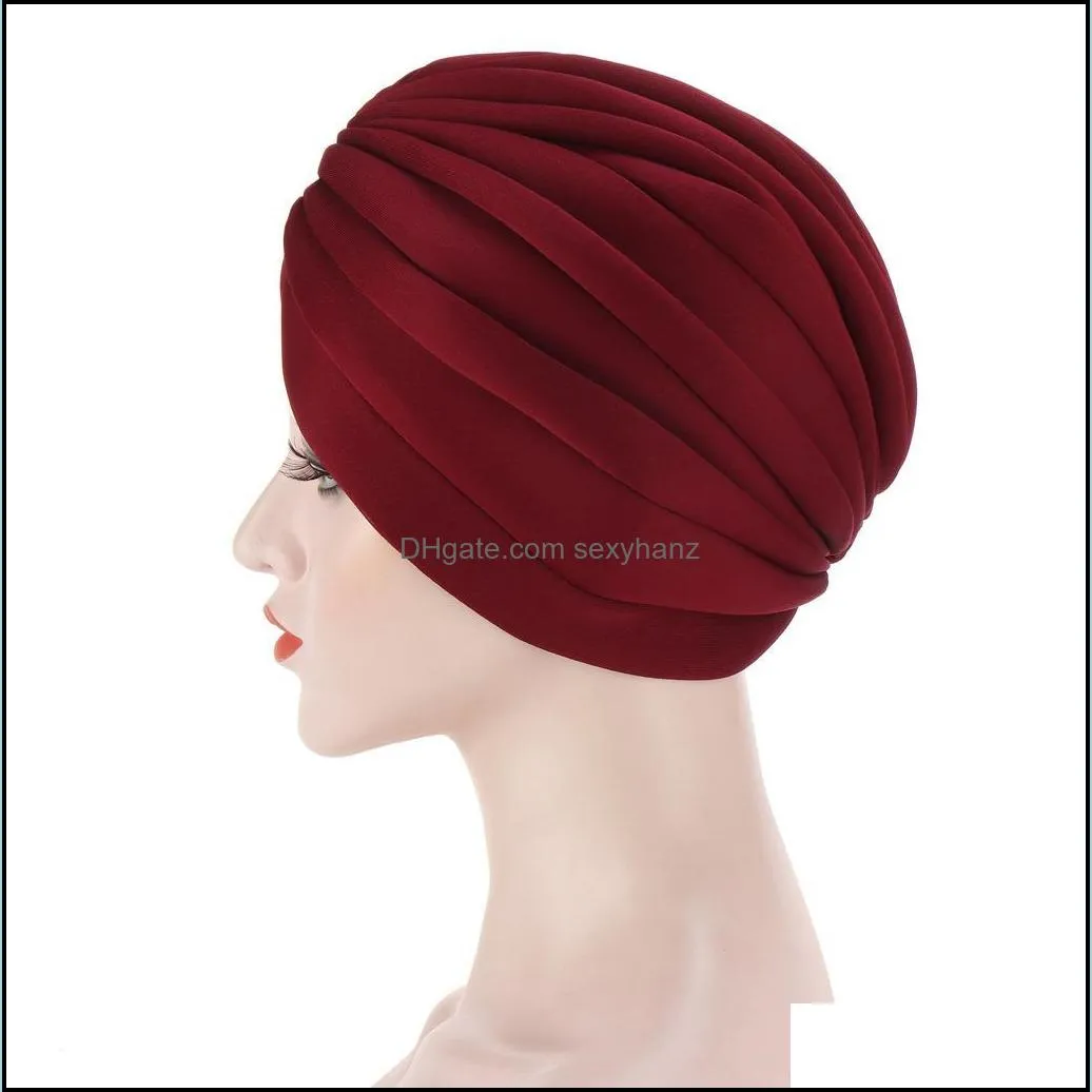 2021 Muslim Elastic Ruffle Cotton Turban Hat Cancer Chemo Beanies Cap Headwrap Plated for women Hair Loss Accessories