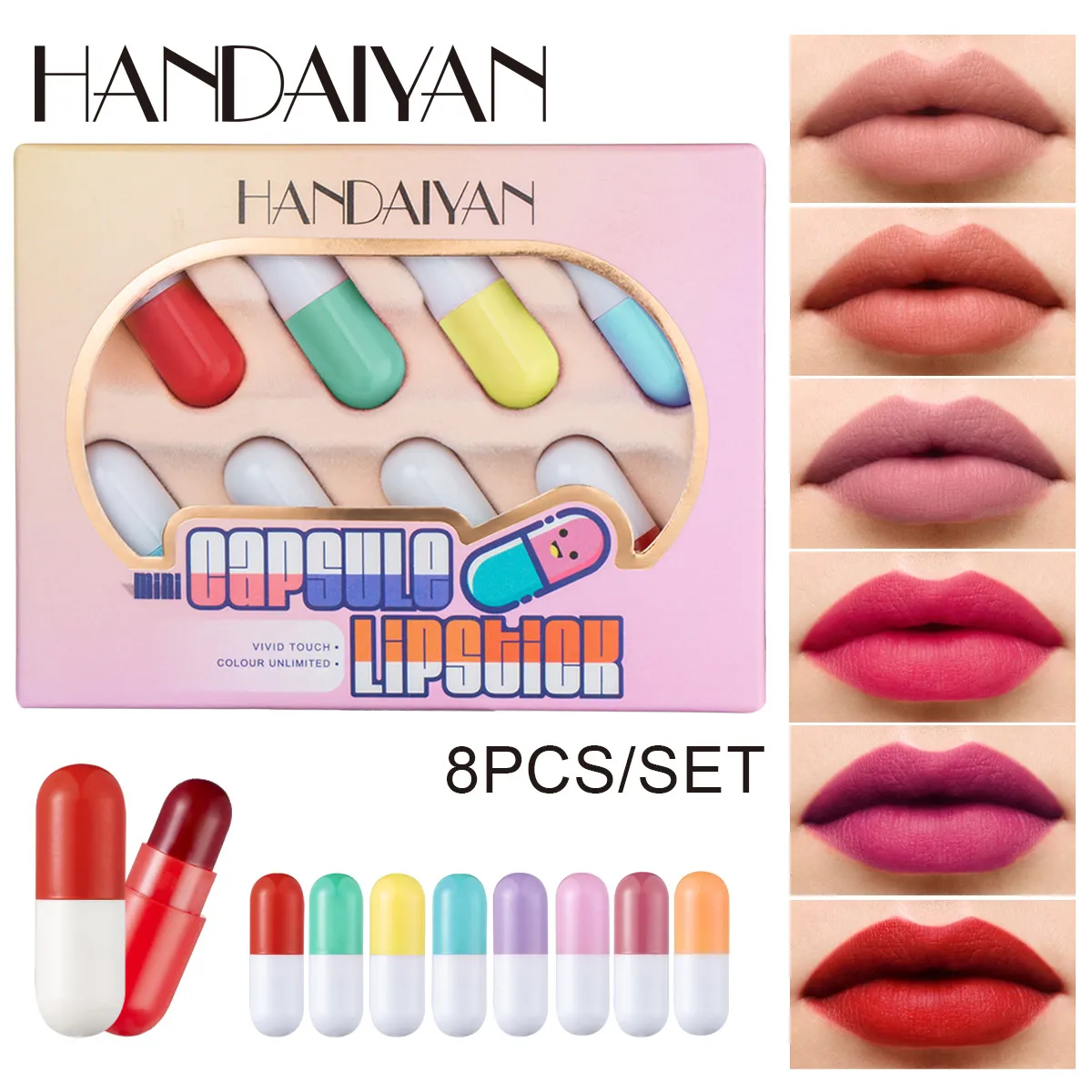 HANDAIYAN Mini Capsule Lipstick 8 Color Set Pill Portable Lipstick Matte Lip Gloss Balm Cute Chapstick Makeup