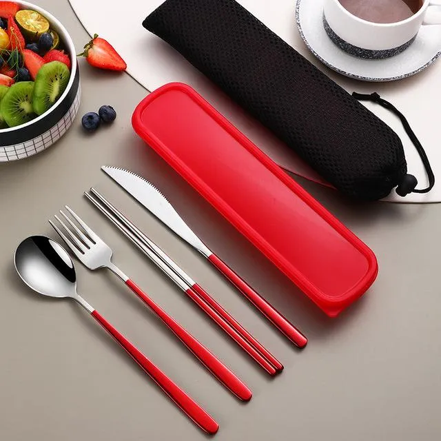 Stainless Steel Flatware Set Portable Cutlery Sets For Outdoor Travel Picnic Dinnerware Set Metal Straw With Box And Bag Kitchen Utensil