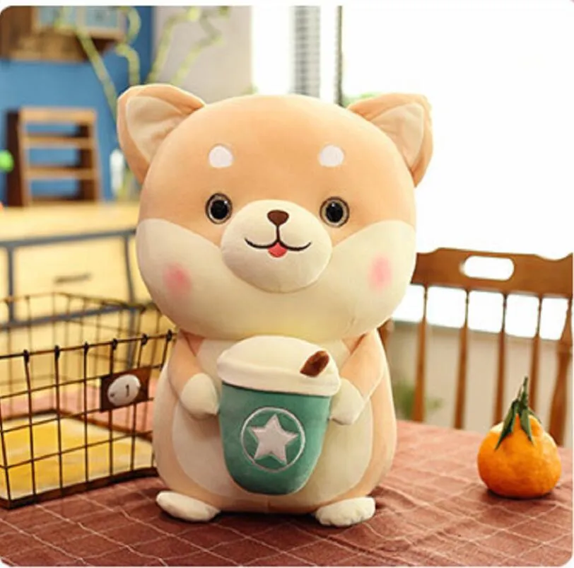 Super Doux Grand Oeil Tasse À Lait Chien En Peluche Kaki Shiba Inu Avec Des Oreillers En Peluche Mignons De Thé À Bulles Taille 23-35cm Fille Dormir Oreiller Jouet