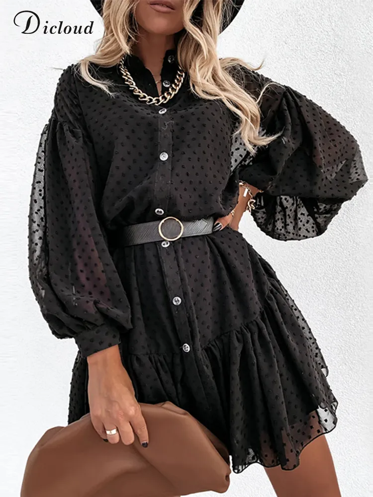 DICLOUD Elegant Black Dot Party Dress Women Petticoat Long Sleeve Ruffle Ladies Mini Day Female White Wedding Clothes 220418